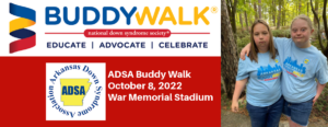Logo for Buddy Walk with information: October 8, 2022, at War Memorial Stadium